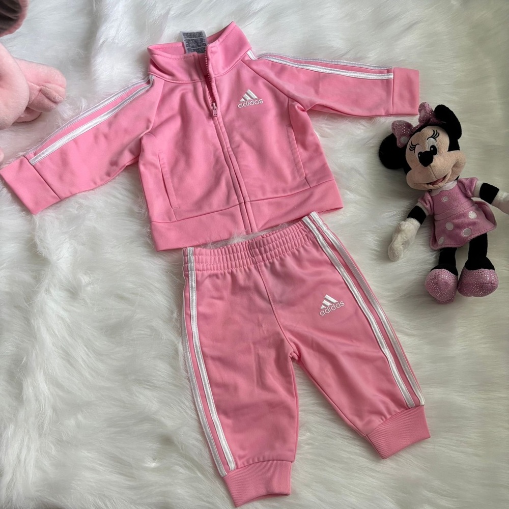 Adidas Infant Pink Tracksuit with White Stripes